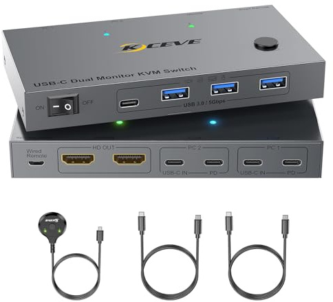 USB C KVM Switch 2 Monitore 2 Laptops, Dual Monitor USB Typc C KVM-Umschalter unterstützt 4K@60Hz für 2 Computer teilen sich Tastatur, Maus und Monitor