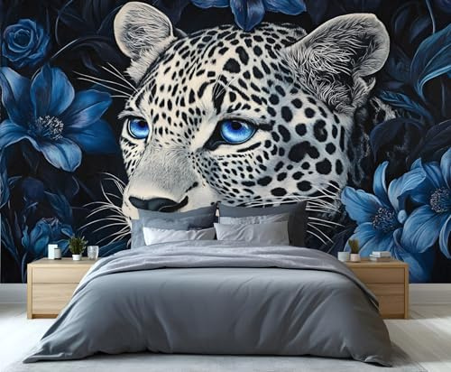 YXQAIED Leopard Print Wallpaper Mural, Jungle Animal Wall Mural, Blue Floral Photo Wallpaper for Bedroom Living Room Decor (Not Peel and Stick)