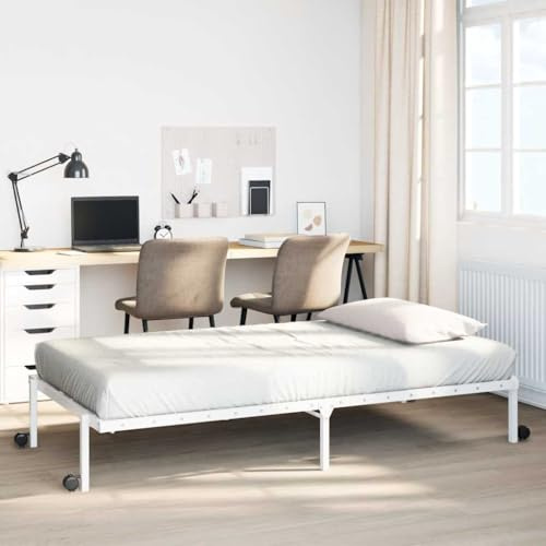 QJBSAVVA Klappbares Bettgestell 75x190 cm Weiß aus Stahl mit Rollen und Lattenrost, platzsparendes Gästebett für Schlafzimmer Jugendzimmer und kleine Räume