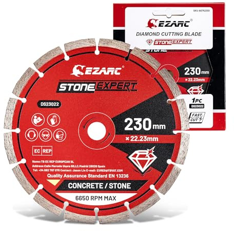 EZARC Diamant Trennscheibe 230 mm Segmentiert für Beton und Ziegel, 1tlg | 75Cr-Stahl mit heißgepressten Segmenten, 1,6 mm Segmentstärke, Trocken- und Nassschnitt, EN13236, 6.650 U/min
