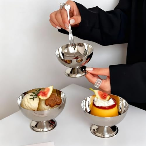 Tissting 4PCS Coupe à Glace Basse, Tasses en Acier Inoxydable 200 ml, 6,2 × 10,2 × 7,7 cm Coupe a Glace Bol à Crème Glacée Coupes à Dessert réutilisable pour les Desserts (4X Pieds courts)
