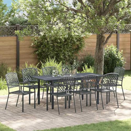 Holamys Garten Essgruppe 9-teilig Anthrazit Stahl, ausziehbarer Gartentisch mit 8 Stühlen, modernes Outdoor-Möbelset wetterfest für Terrasse, Balkon, Patio
