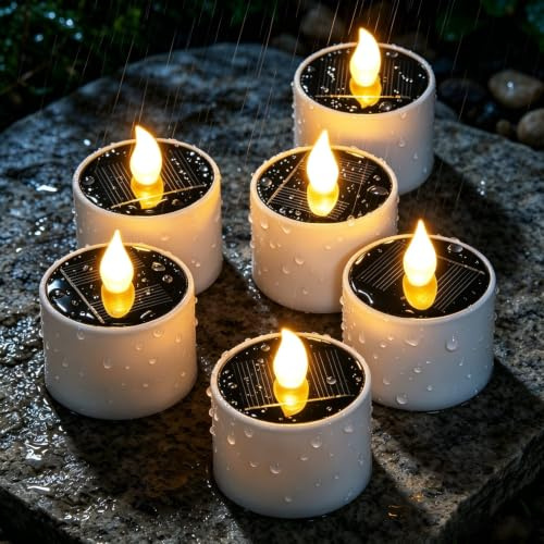 Yakpo Paquete de 6 velas votivas solares para exteriores, impermeables, de color blanco cálido, sin llama, parpadeantes, funcionan con pilas, velas LED reutilizables para decoración de faroles de