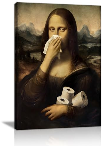 Lustiges Mona Lisa Leinwand Bilder Mit Rahmen, Mona Lisa mit Klopapier und Nase-zu-Geste Bild Auf Leinwand Wandbilder, Vintage Ironische Wanddeko für Toilette, Gäste, WC oder Badezimmer 30X40cm