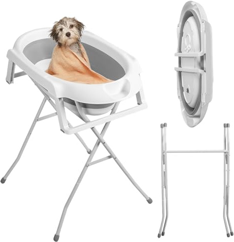 2-in-1 Hundebadewanne mit ablauf, Tragbare Klappbare Hundewanne, Faltbare Katzendusche, bis 15 kg, für kleine Hunde und Katzen, Haustierwanne (Grau)