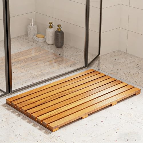 Teak Shower Mat, 80×49cm. A wooden bath mat designed specifically for bathrooms. Waterproof, slip-resistant, quick-drying, and durable. Suitable for bathrooms, spas, pools, and outdoor use.