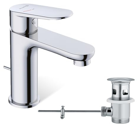 KLUDI-X1 Wasserhahn Bad Chrom mit Zugstangen-Ablauf, wassersparende Waschtischarmatur Größe M, Auslaufhöhe 95 mm, Keramikkartusche, Mischbatterie Waschbecken inkl. Anschlussschläuche, Kaltstart