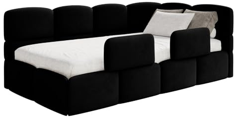 Selsey Jugendbett 120x200cm Schwarz mit Matratze und Lattenrost, gepolstertes Polsterbett mit Stauraum und Bettkasten, Kinderbett mit 2 Schutzbarrieren, Jugendbett rechtsseitig mit Eckkopfteil