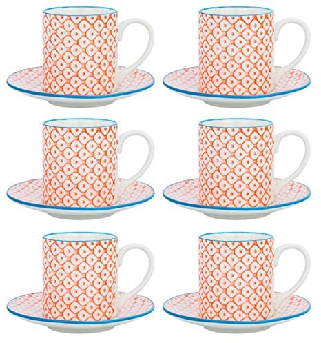 Nicola Spring 12 Piece Hand-Printed Espresso Cup & Saucer Set - 65ml - Orange - Herbal Tea Coffee Mugs with Plates