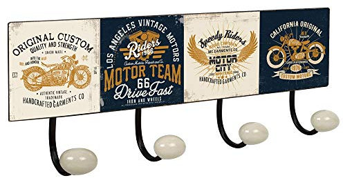 PERCHA Pared Vintage 4 Ganchos Porcelana MOTOR Retro 400x155MM