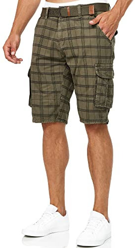 Indicode Herren Monroe Cargo Cargo-Shorts inkl. Gürtel | Bermuda Männer Sommerhose aus Baumwolle Army Check, S