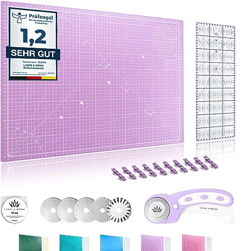Lange & König Rollschneider Set in 3 Größen [A1, A2, A3] und 5 Farben Inkl. Schneidematte, Rollschneider, 5 Ersatzklingen, Patchwork-Lineal + 20 Stoffklammern als Nähzubehör (Lavendel Lila, A2 Set)