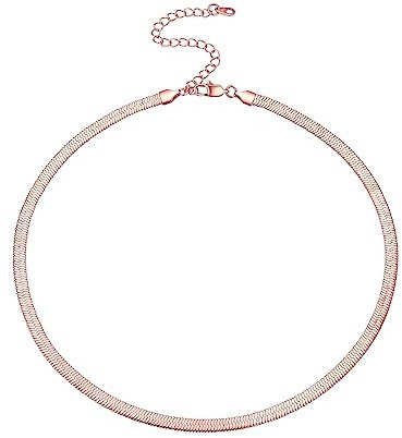 FOCALOOK Rose Gold Necklace for Women 5mm 18inch Flat Snake Chain Fahion Stainless Steel Herringbone Necklace