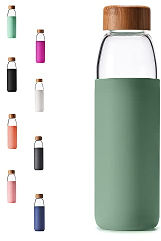 veegoal 25oz, 18oz Borosilicate Glass Water Bottles with Bamboo Lid, BPA-Free Non-Slip Silicone Sleeve, and Bonus Stainless Steel Leak Proof Lid- Reusable Water Bottles for Women and Men (18 Oz,