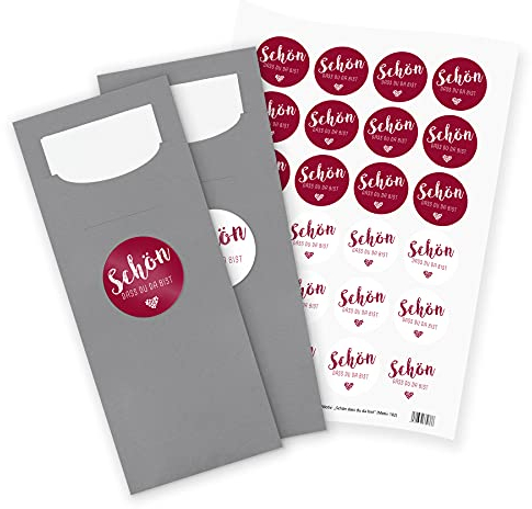 itenga 24x Bestecktaschen GRAU Schön dass du da bist bordeaux rot Pochetten inkl. Serviette und Sticker Aufkleber Tischdeko Einweggeschirr