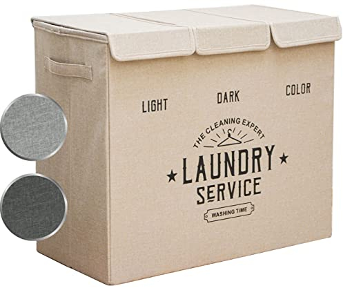 DuneDesign Wäschekorb 3 Fächer - 84L Wäschesammler Beige mit Deckel - Wäsche Organizer Schmutzwäsche Ordnungssystem Badezimmer Deko Schlafzimmer Wäschekorb Schrank Bad Organizer Waschmaschine