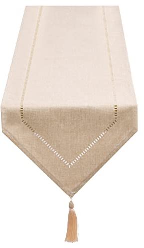 SANLEHAUSE Tischläufer Leinen Beige 32 x 275 cm, Tischläufer leinenoptik Hochwertiger Tischläufer Einfarbiger, Modern Pflegeleicht Tischläufer für Esstisch, Couchtisch, Restaurant,Dekoration
