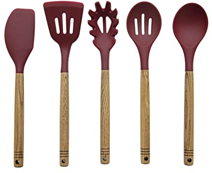Barbary & Oak BO832234RED Foundry 5-Piece Silicone Utensil Set, Ash Wood with Silicone, Bordeaux Red