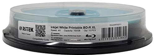 10 Pack Ritek BD-R XL BDXL 100GB Archival 4X White Inkjet Printable Disc