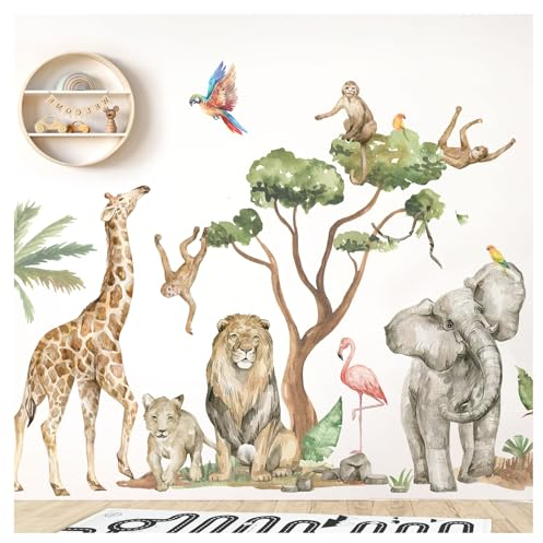 DEKO KINDERZIMMER XXL Wandsticker Set Dschungel Tiere Wandtattoo Kinderzimmer Babyzimmer Safari Löwe Wandaufkleber Wohnzimmer selbstklebend DK1050-04
