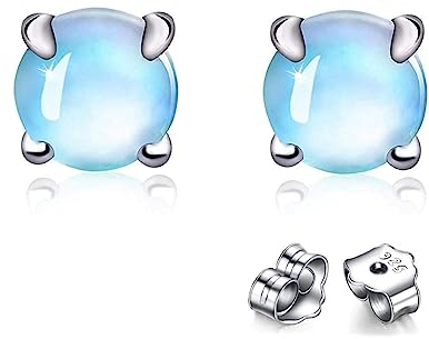 Bellitia Jewelry 925 Sterling Silber Damen Moonstone Ohrstecker, Runde Mondstein Ohrstecker Kleine Ohrringe Hypoallergen für Frauen Mädchen