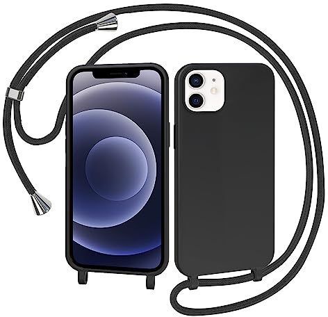AOMYKE Handyhülle für iPhone 12 / iPhone 12 Pro Hülle mit Band, Handyband iPhone 12 / iPhone 12 Pro Hülle zum Umhängen Schutzhülle mit Kette Kordel Weich TPU Liquid Silikon Case, Schwarz