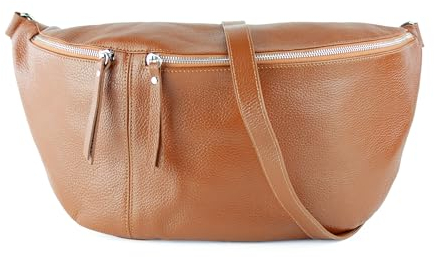 lePelou große Leder Bauchtasche für Damen mit Wechselgurt, Festival Tasche, Frauen Bauchtasche mit breitem Schultergurt, große Umhängetasche, XXL Crossbody Tasche, Geschenk für Damen (Cognac)