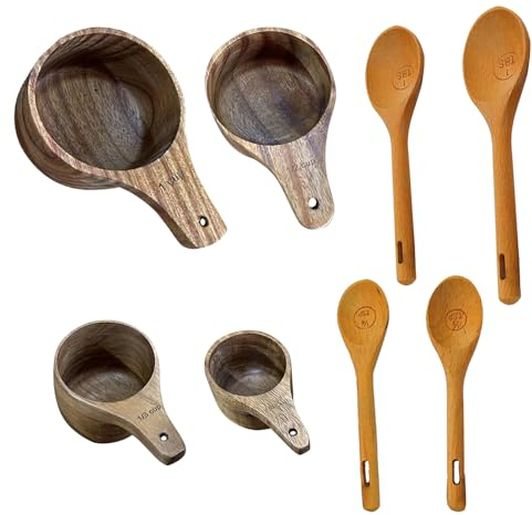 QENETY Juego de tazas y cucharas medidoras de madera, 8 tazas medidoras de madera, accesorios de cocina de madera, herramientas para hornear, cuchara medidora de café, para medir azúcar, café