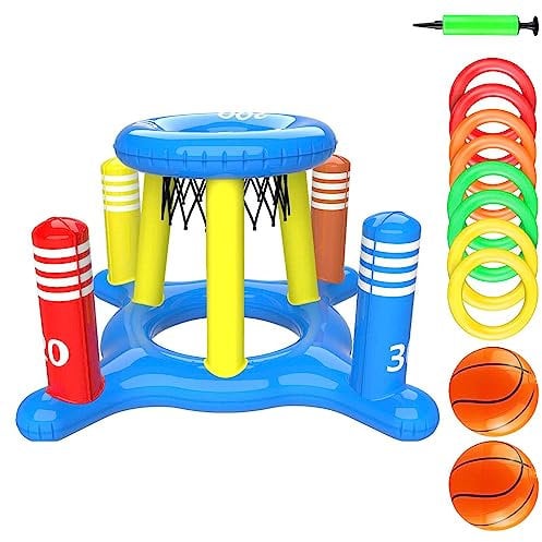 GEDOX Panier de Basket pour Piscine, Panier de Basket Gonflable 2 en 1, Panier de Basket, Jeux de Jouets de Piscine multifonctionnels avec 8 Anneaux de Lancer pour Adultes et Enfant