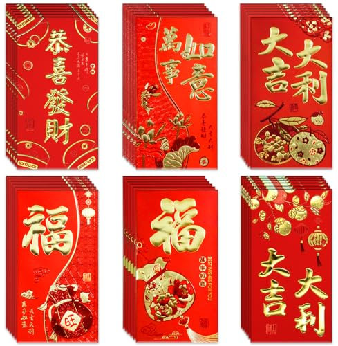 36 Enveloppes Rouges du Nouvel An Chinois, Enveloppes Rouges Chanceuses du Nouvel An Chinois 2026 Poche Rouge, Motif en Relief Doré Hong Bao Enveloppes d'Argent de Bénédiction Festival (6 Styles)