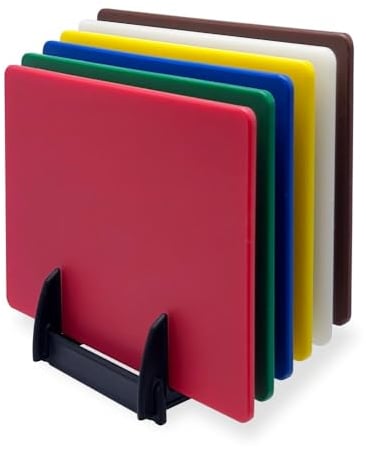HENDI Juego de 6 tablas de cortar HACCP con soporte, lisas, 6 colores diferentes, 6 piezas, 450x300x(H)10mm, polietileno, polipropileno