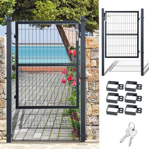 Fiqops Cancello da giardino, antracite, 120 x 100 cm, in acciaio zincato, porta del cortile, con serratura e 3 chiavi, recinzione robusta e durevole, resistente alle intemperie