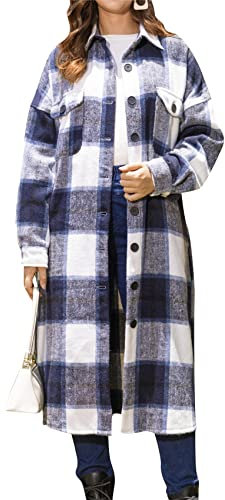Yming Damen Casual Plaid Plus Size Tartan mit Tasche Lose Revers Knopf Tops Flanell Shirt Navy Blau XL