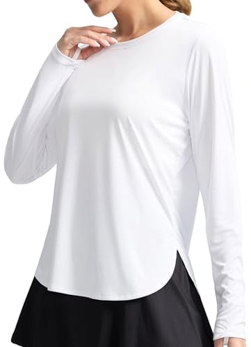 PINSPARK Sportshirt Damen UPF 50+ Sonnenschtuz Sport T-Shirt Funktionsshirt Langarm Laufshirt UV Shirt Leicht Langarmshirt Rundhalsausschnitt Fitness Yoga Tops Rashguard Weiß S