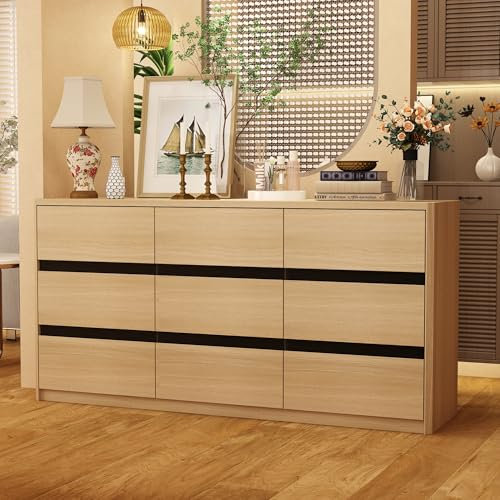 PREMTURE 160cm Kommode mit 9 Schubladen, Kommode für Dicke Holzpaneele, Kommode mit 9 Schubladen für Wohnzimmer,Schlafzimmer, Farbe Holzmaserung + 3mm schwarzes Glas, 160 x 40 x 80 cm