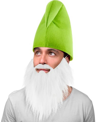 Jadive Zwerg Kostüm Set Zwergenmütze mit Zwergenbart Weißer Bart Karneval Wichtelmütze Weihnachtsmann Zipfelmütze Elfenmütze Lustiges Kostüm Zubehör für Erwachsene Halloween Weihnachtskostüm(Grün)