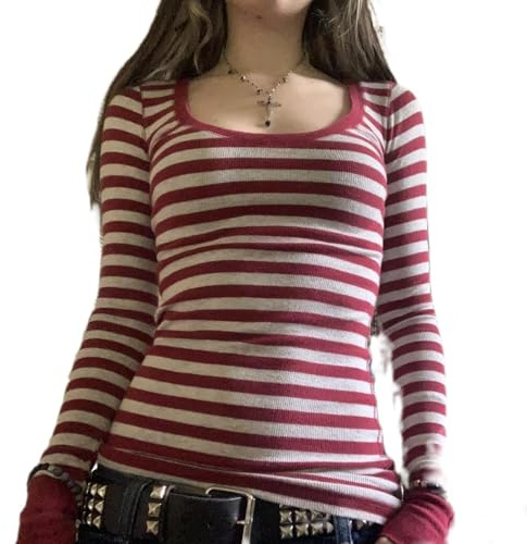 Women Y2k Striped Long Sleeve Shirt Grunge Tops Vintage Aesthetic Gothic Color Block Tees Fairy Teens Girls Shirts (Red, S)