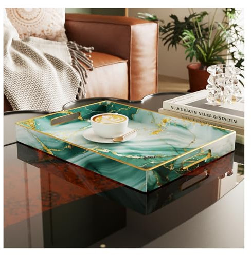 HEBOIX Serving Platters and Trays，Kitchen Counter Tray Tables for Couches，Dinner Bed Tray Table Luxury Home Decor，Green Gold Marble Pattern