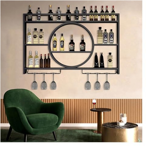 GLJTUO Weinregal Zur Wandmontage Mit Led-Licht Und Weinglashalter, Weinregal Aus Eisen, Schwebende Barregale, Ausstellungsregal F¨¹r Spirituosenflaschen, Barschrank F¨¹r Den Wei,Black-100x15x80cm