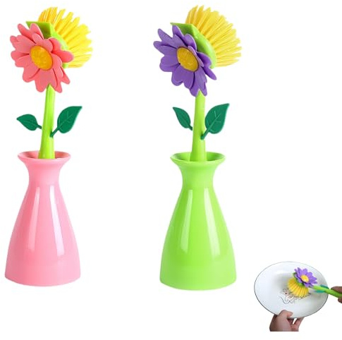 Vyloky Lot de brosses à vaisselle en forme de fleur – Avec poignée et support, doux pour les poêles, casseroles et lavabos antiadhésifs (combinaison rose-vert)