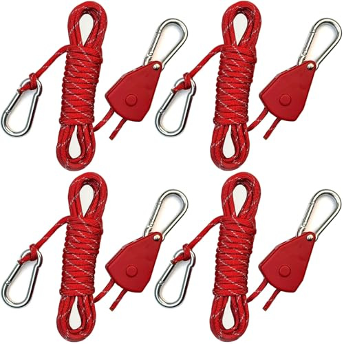 4,6 m Paracord-Seil, Spanngurt, Ratschengurt, kleines reflektierendes Seil, Zeltplane, Wachsen, einziehbare Pflanzenlicht-Aufhänger, Riemenscheibe, Verriegelung, Spanner, Kajak, 4 mm, 4 Stück