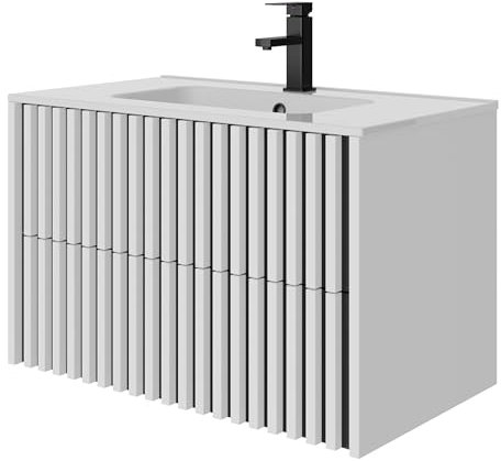 UEV Meuble Salle de Bain 80cm, Meuble Suspendu avec Lavabo en Céramique, Deux Tiroirs avec Grand Espace de Rangement, Poignée Cachée, Motif de Ligne, 80 x 45 x 50cm, Blanc