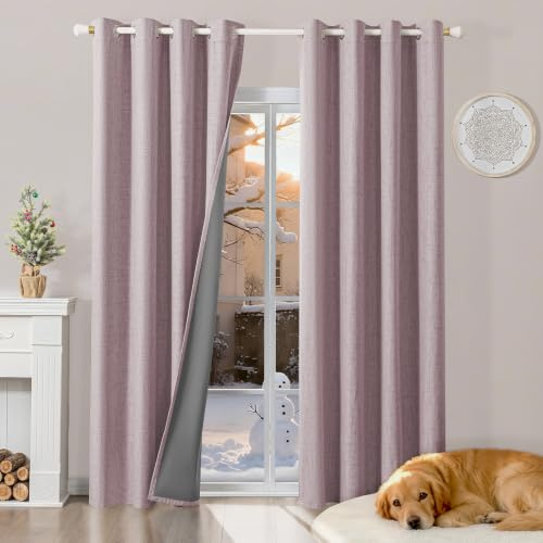 Runyéla 100% Verdunklungsvorhänge Leinen Gardinen mit Ösen, Thermovorhang | 2er Set, H220xB140 Rosa, Leinenoptik Vorhang Blickdicht, UV-Schutz Wärmeisolierend Schallschutz Schlafzimmer Wohnzimmer