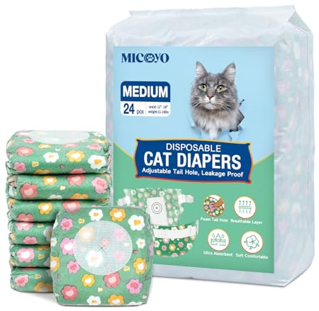 MICOOYO Disposable Cat Nappies Female Super Absorbent Puppy Nappies Cat Dog Hygiene Pants Cats Diapers for Female in Heat & incontinence(M, 24pcs,green)