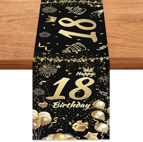 Tischläufer 18 Geburtstag, 35 x 180 cm Schwarz Gold Geburtstag Tischläufer | Tischläufer Geburtstag Schwarz Gold, Tischdecke 18Geburtstag,Happy 18th Birthday Table Runner,Party Tisch Deko 18. Geburtstag