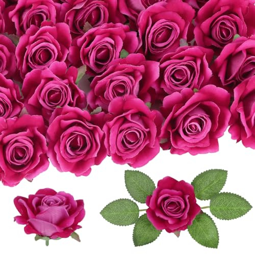 IPOPU 25pcs Rose Red Artificial Flowers Real Touch Velvet Roses Faux Roses with Stems for Floral Arrangements Home Wedding Dining Table Party Garden Decor(Rose Red)