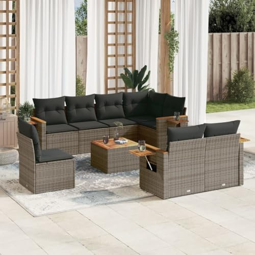 Qnhdfrt Garten Sofa Garnitur 9 teilig Grau PE Rattan mit Akazienholz Tisch und Kissen, für Terrasse Garten Balkon