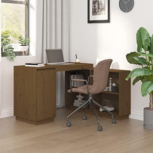 Yunovire Honigbrauner Schreibtisch 110x50x75 cm, Massivholz Kiefer, mit Stauraum, ideal für Home Office, Kinderzimmer, Gaming, Stabiler Computertisch