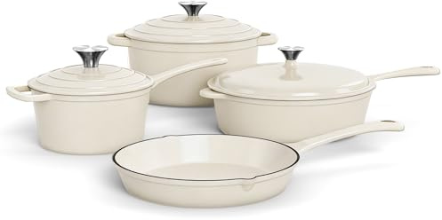 Kitchen Academy, Enameled Cast Iron Cookware Set, 7 PCS Set of Dutch Ovens | Cookware Set, Sauce Pan, Skillet, 3 Lids, Dutch Oven Set, Pots and Pans Set Nonstick Beige