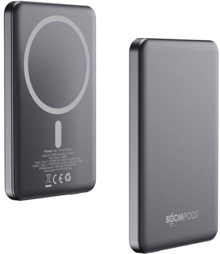 Boompods Powersnap - Magnetische Powerbank Schnellladefunktion, 5000mAh 20W mit USB-C-Anschluss, für unterwegs und Alltag, kompatibel für Nicht-magnetische Geräte - Graphit